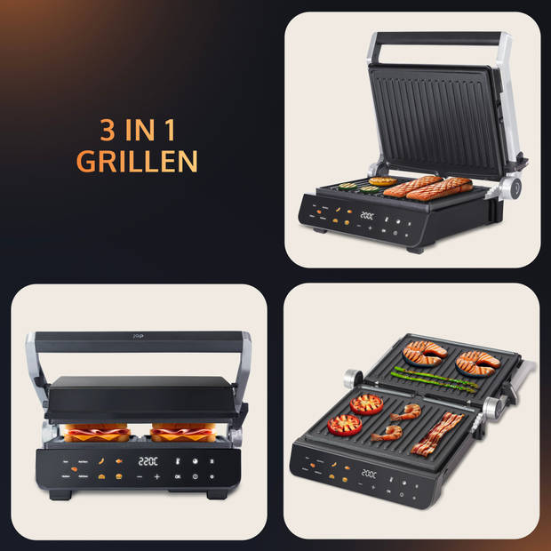 JAP Appliances Integrill Contactgrill (2000W) met zwevende bovenplaat - 180º uitklapbaar - PFAS-vrij Uitneembare platen