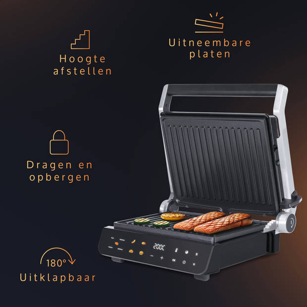 JAP Appliances Integrill Contactgrill (2000W) met zwevende bovenplaat - 180º uitklapbaar - PFAS-vrij Uitneembare platen