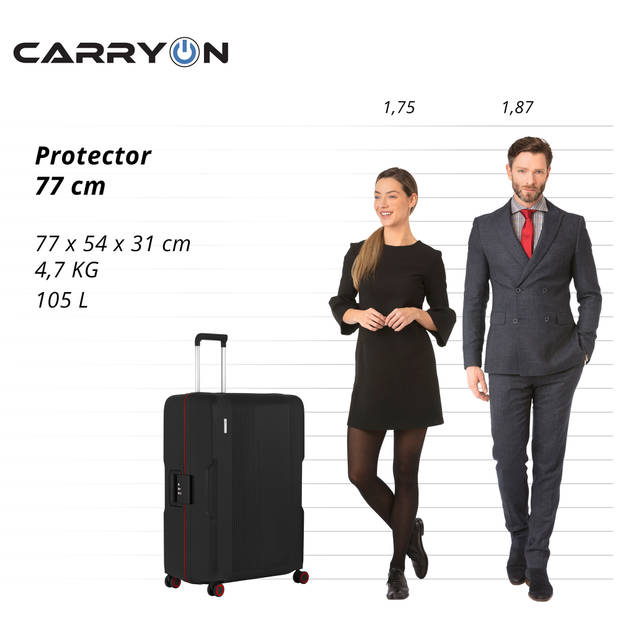 CarryOn Protector Luxe Grote Reiskoffer 77cm - 105 Ltr met kliksloten - Zwart