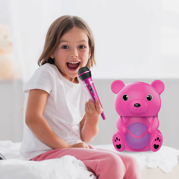 iDance Funky Bear Party Speaker - Karaoke Set voor Kinderen - Met Microfoon en Discoverlichting - Pink