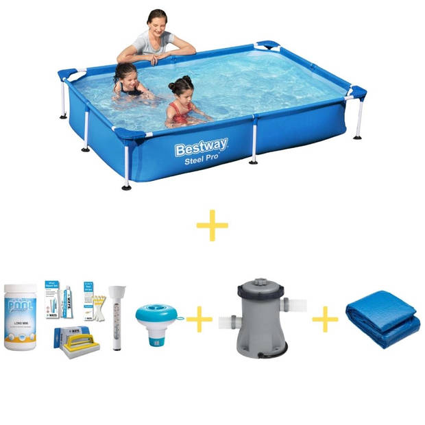 Bestway Zwembad - Steel Pro - 221 x 150 x 43 cm - Inclusief WAYS Onderhoudspakket, Filterpomp & Grondzeil