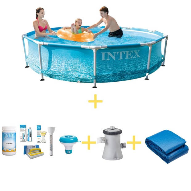 Intex Zwembad - Metal Frame - Strandzijde - 305 x 76 cm - Inclusief WAYS Onderhoudspakket, Filterpomp & Grondzeil