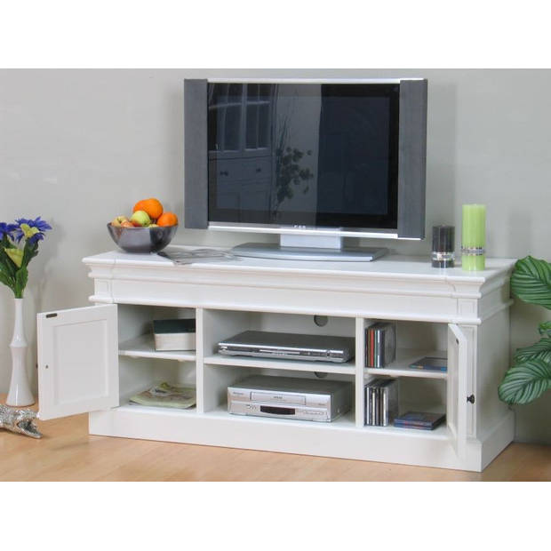 Mozart tv meubel, breedte 137 cm, hoogte 60 cm, antiek wit, antiek gepatineerd.