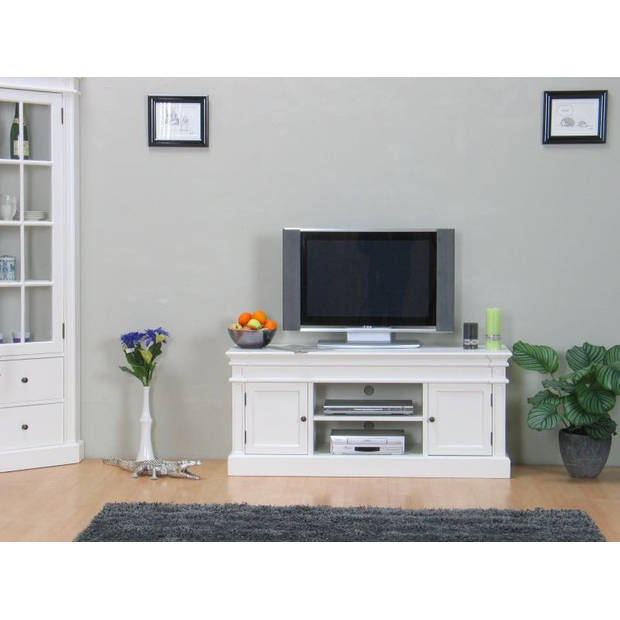 Mozart tv meubel, breedte 137 cm, hoogte 60 cm, antiek wit, antiek gepatineerd.