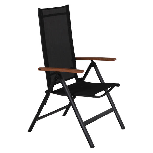 2xLamira tuinstoel verstelbare stoel, zwart en teak armleuningen..