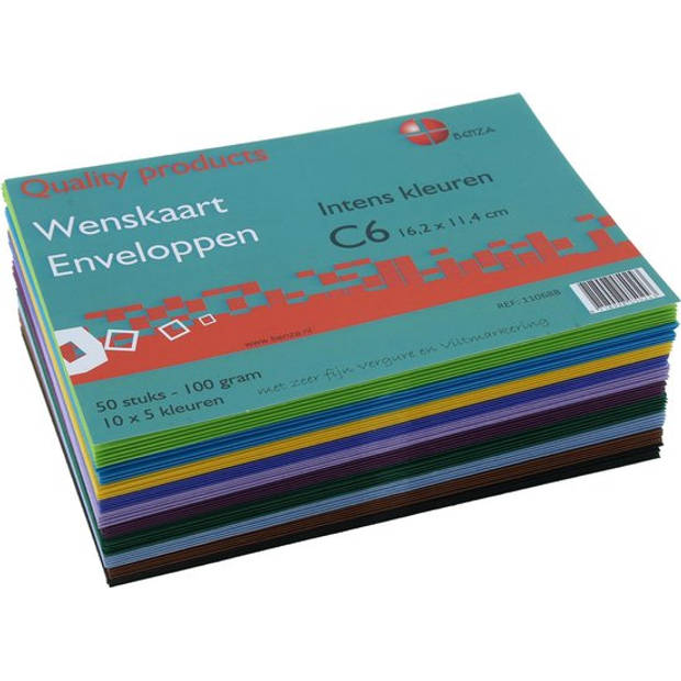 Benza Wenskaart Enveloppen Assorti Intense Kleuren - 16,2 x 11, 4 cm = C6 - 50 stuks