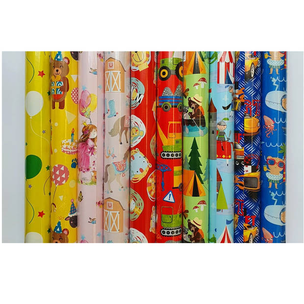 Assortiment luxe cadeaupapier inpakpapier voor kinderen - 200 x 70 cm - 5 rollen