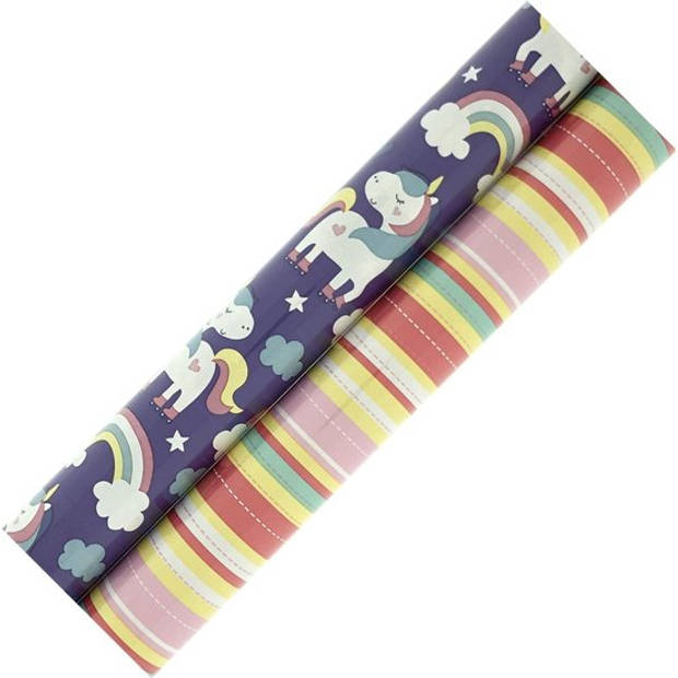 Assortiment inpakpapier cadeaupapier voor kinderen met strepen en Unicorn HO109 - 10 mtr x 70 - 2 rollen