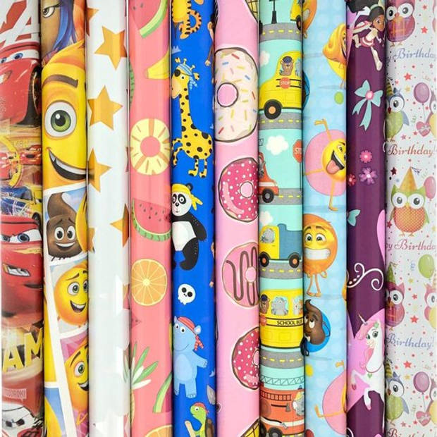 Assortiment inpakpapier cadeaupapier voor kinderen HO113 - 200 x 70 - 6 rollen