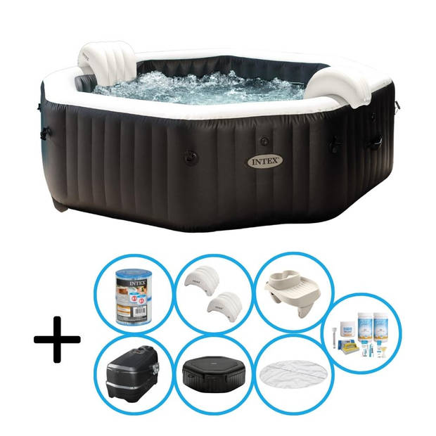 Intex - Jet & Bubble Deluxe - Jacuzzi - 201 x 71 cm - Zwart - Inclusief onderhoudspakket en bekerhouder