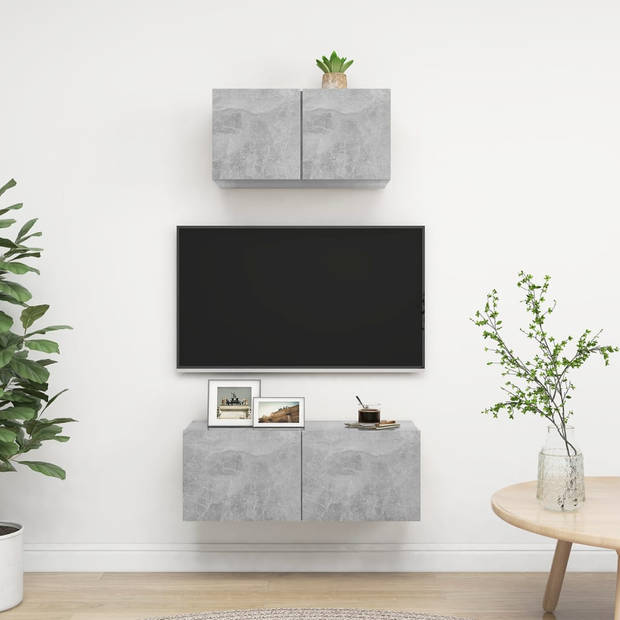 The Living Store TV-Meubelset Betongrijs - 60x30x30cm - 80x30x30cm - Stereokasten - Spaanplaat - Montage vereist