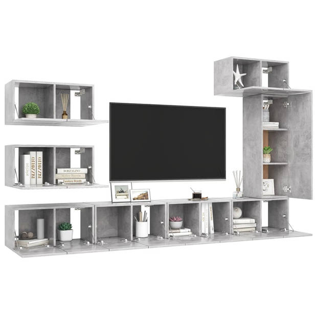 The Living Store Televisiemeubelset Hangend - Betongrijs - 7x 60x30x30 cm + 1x 30.5x30x90 cm - Spaanplaat