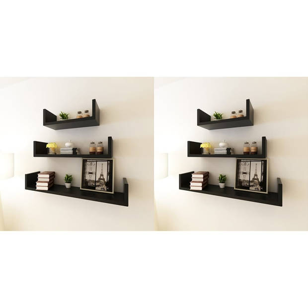 The Living Store Wandplanken - Set van 6 - Onzichtbaar montagesysteem - MDF - Mat zwart - Afm - 60x12x10cm -