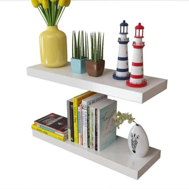 The Living Store Wandplanken - Set van 4 - Wit - 60 x 20 x 3.8 cm - Onzichtbaar montagesysteem
