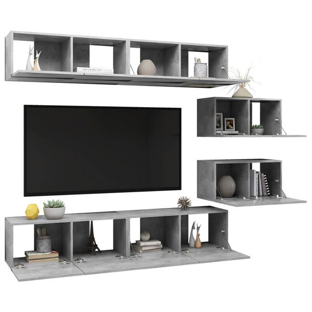 The Living Store Tv-meubelset - Hangend - Spaanplaat - Betongrijs - 80x30x30cm / 60x30x30cm - Montage vereist - 6-delig