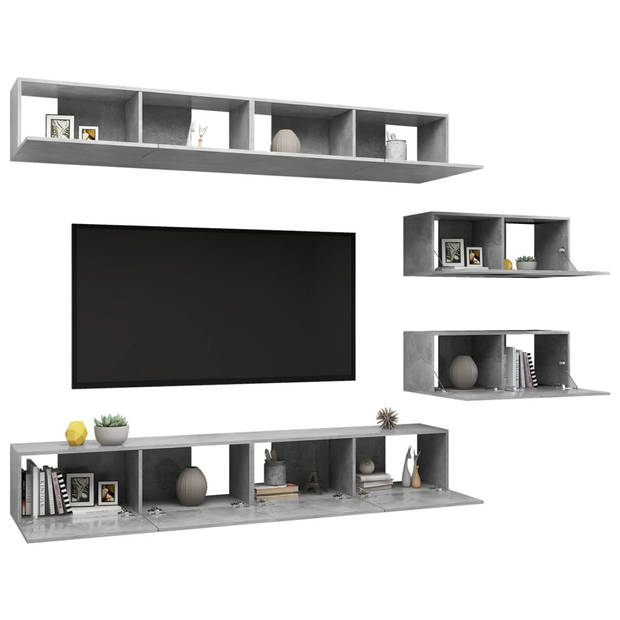 The Living Store televisiemeubelset Hangend - spaanplaat - betongrijs - 4x100x30x30 cm + 2x80x30x30 cm - eenvoudig te