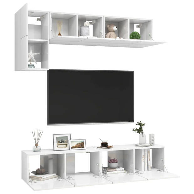 The Living Store TV Meubelset - Hoogglans wit - 3x 60x30x30cm - 2x 80x30x30cm - Muurbevestiging