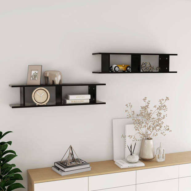 The Living Store Kubuswandschap - 90 x 18 x 20 cm - zwart - spaanplaat - montagesysteem niet inbegrepen - 2 x wandschap