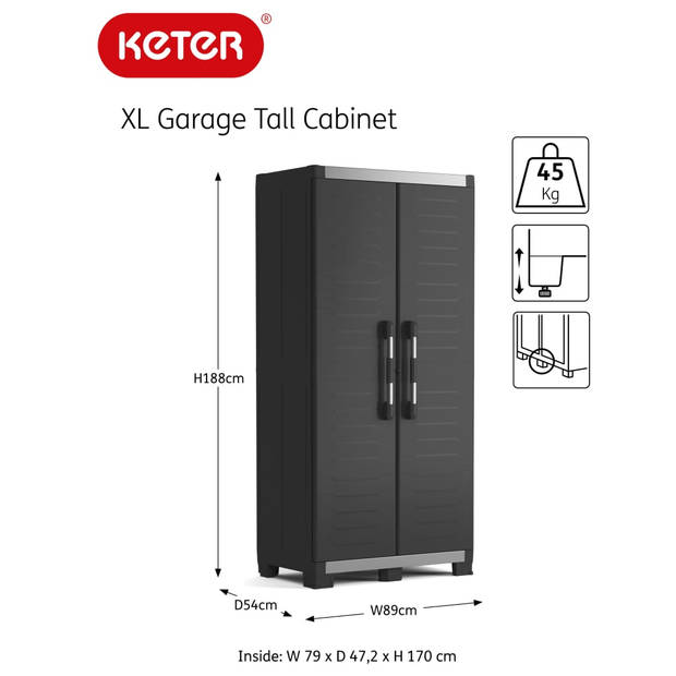 Keter Opbergkast met schappen Garage XL 188 cm zwart en zilverkleurig