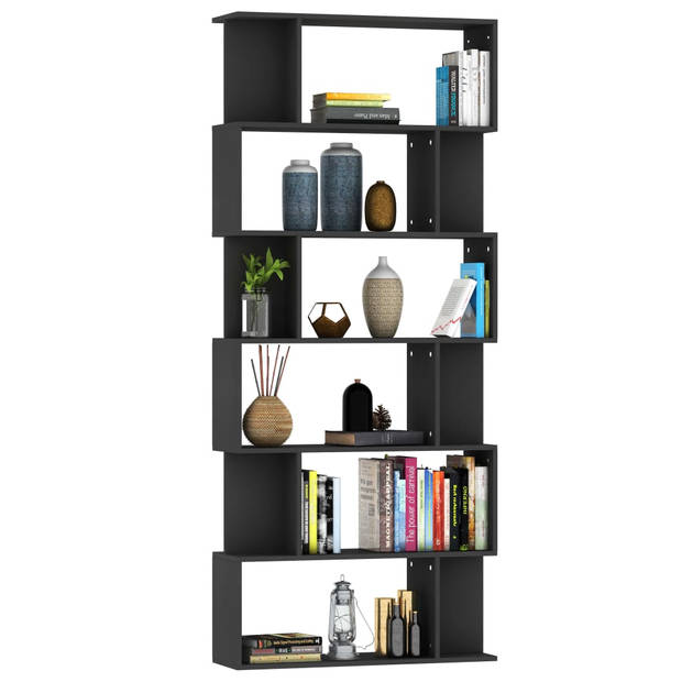 The Living Store Boekenkast - Zwart spaanplaat - 80 x 24 x 192 cm - 6 grote vakken - 12 kleine vakken
