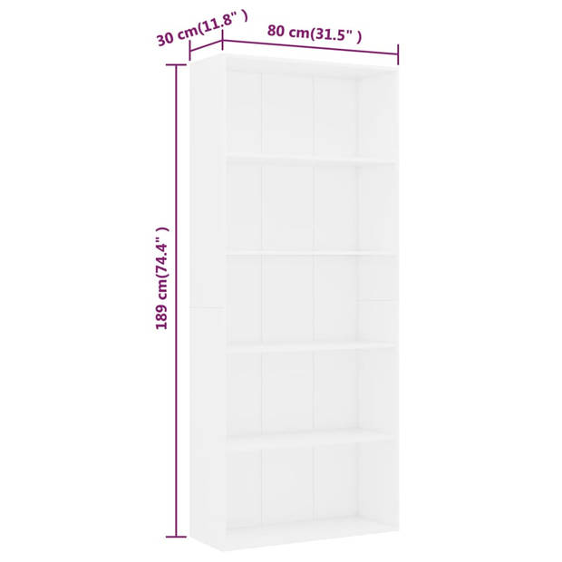 vidaXL Boekenkast met 5 schappen 80x30x189 cm bewerkt hout wit