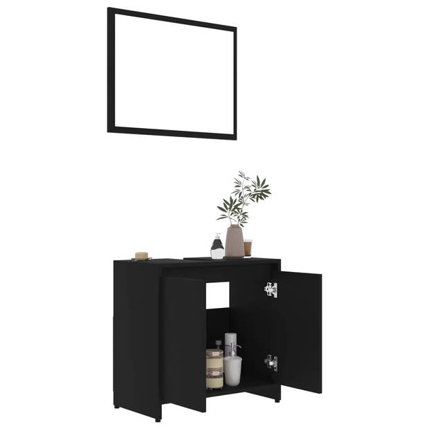 The Living Store Badkamermeubelset Zwarte Spaanplaat 60x33x61 cm - Spiegel 60x45 cm - 1 vak - 2 deuren