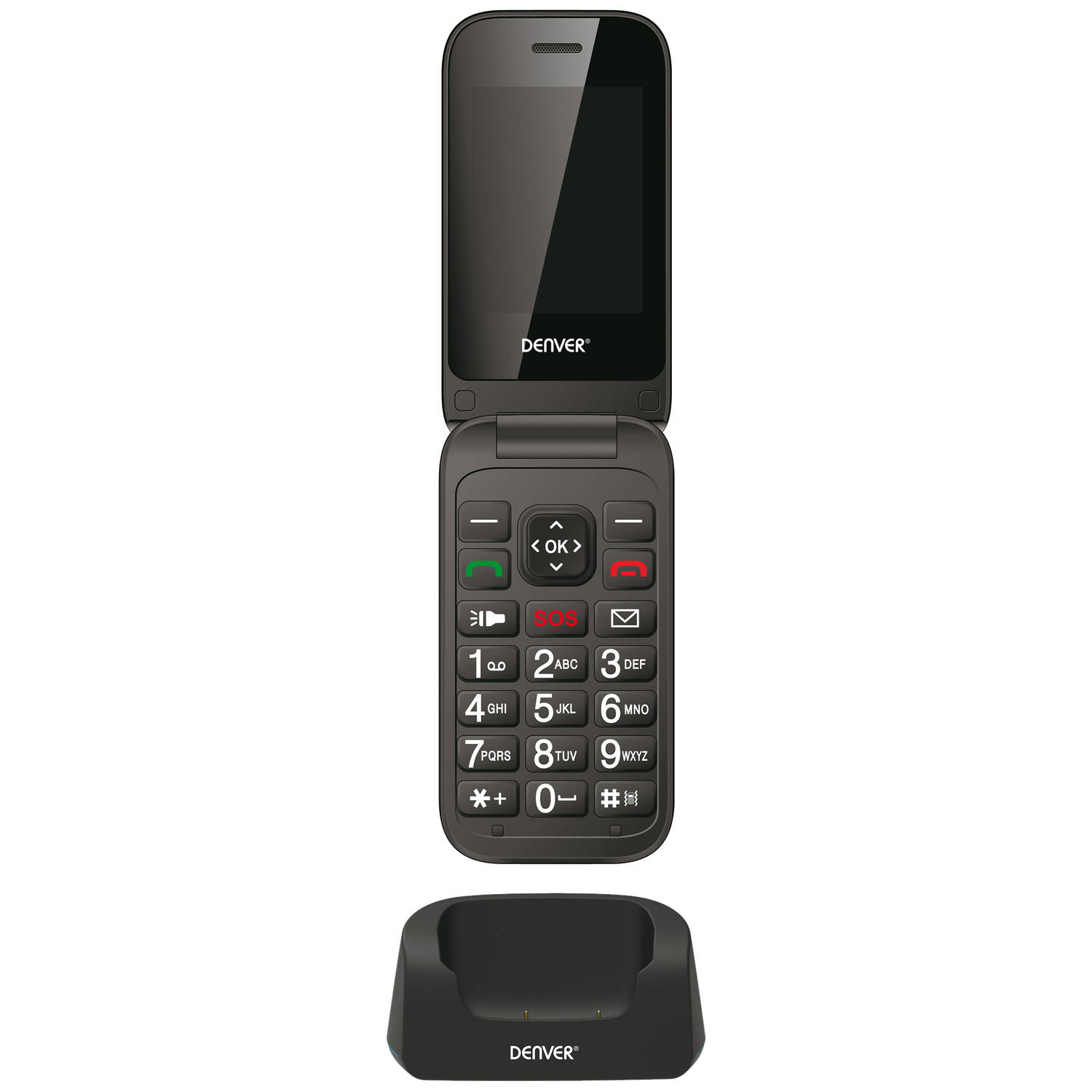 Denver Senioren Telefoon - Grote Toetsen - GSM met Oplaadstation - klaptelefoon Simlock Vrij - SOS knop - BAS24200M