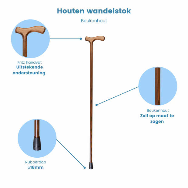 Gastrock Houten Wandelstok - Beukenhout - Bruin - Fritz handvat - Voor heren en dames - Lengte 94 cm