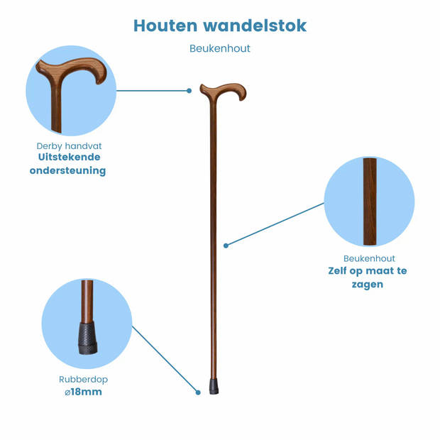 Gastrock Houten Wandelstok - Beukenhout - Bruin - Derby handvat - Voor heren en dames - Lengte 94 cm
