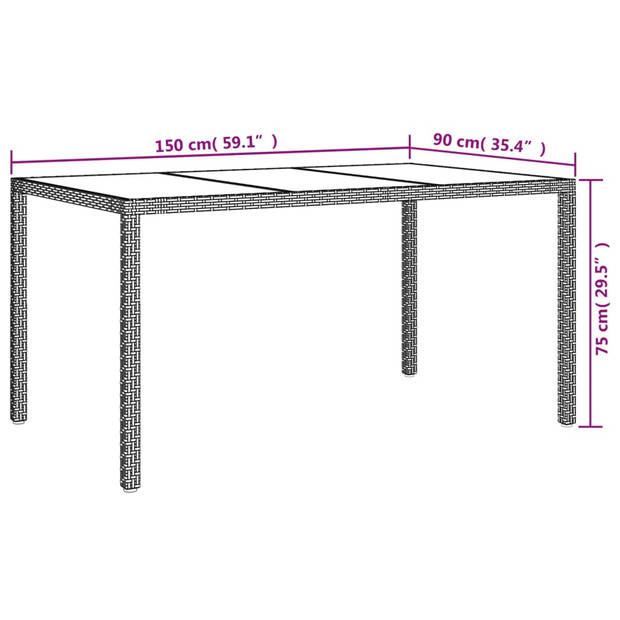 vidaXL Tuintafel 150x90x75 cm gehard glas en poly rattan beige