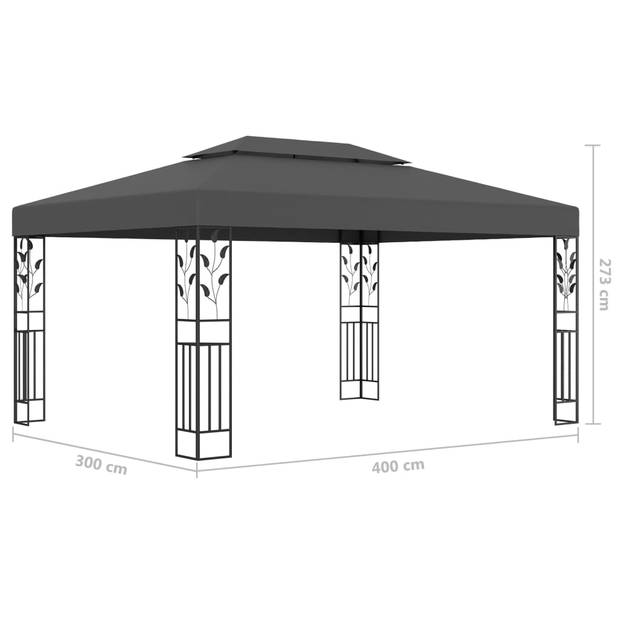 vidaXL Prieel met dubbel dak en LED-lichtslinger 3x4 m antracietkleur