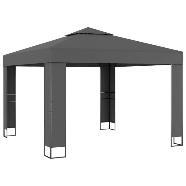 vidaXL Prieel met dubbel dak en LED-lichtslinger 3x3 m antracietkleur