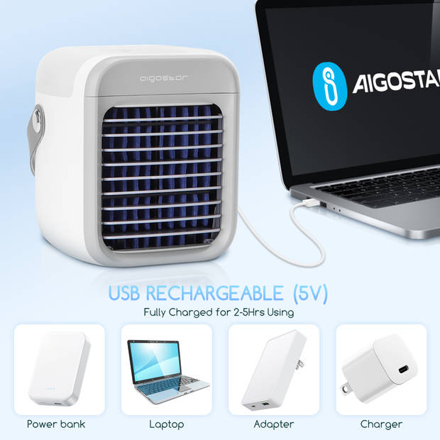 Aigostar 33A4Q Ice Cube - Mini Aircooler met LED verlichting - mist ventilator - luchtkoeler - Tafelventilator - Wit