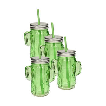 Banzaa Glazen cactus drinkglas met deksel en rietje 350ml lichtgroen - 4 stuks
