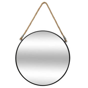 Spiegel/wandspiegel rond D55 cm metaal zwart met touw - Spiegels