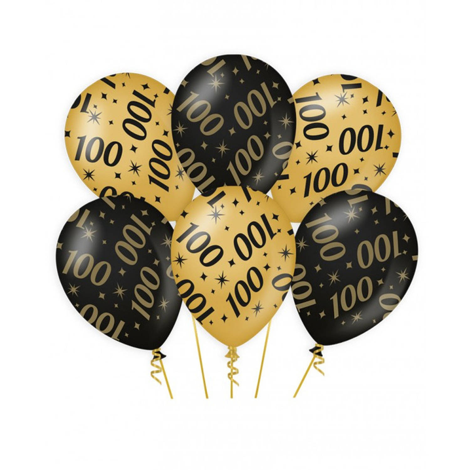 6x stuks leeftijd verjaardag feest ballonnen 100 jaar geworden zwart/goud 30 cm - Ballonnen