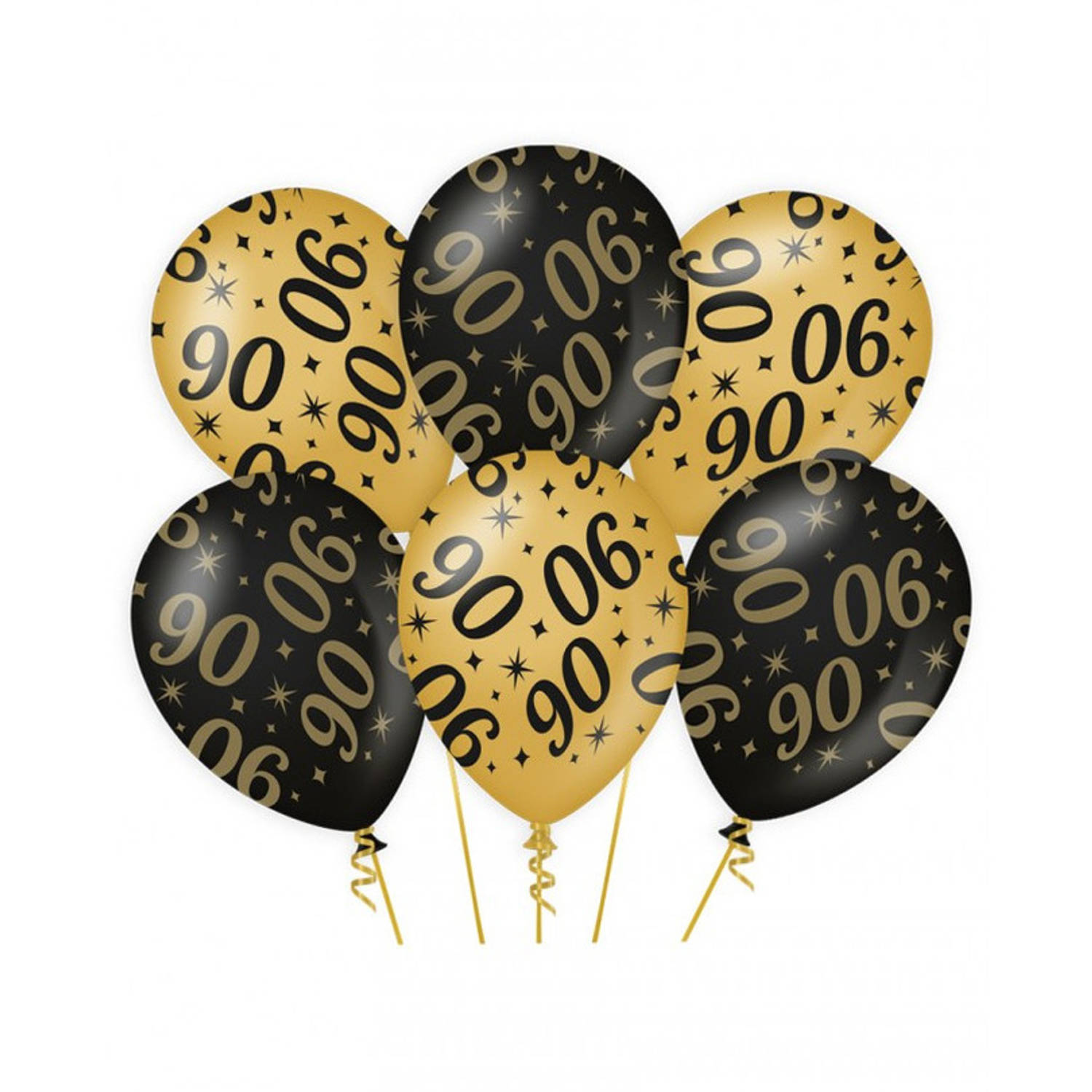 6x stuks leeftijd verjaardag feest ballonnen 90 jaar geworden zwart/goud 30 cm - Ballonnen