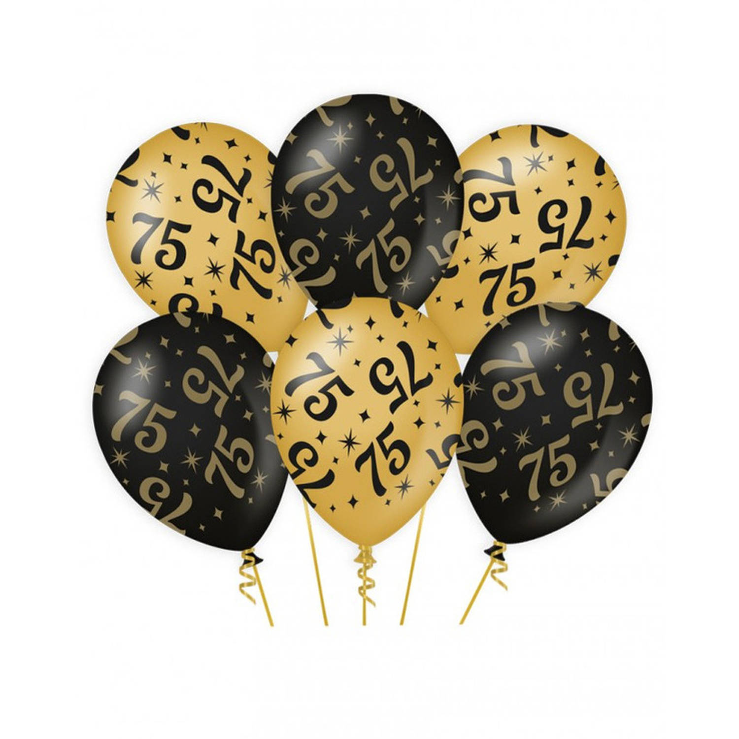 6x stuks leeftijd verjaardag feest ballonnen 75 jaar geworden zwart/goud 30 cm - Ballonnen