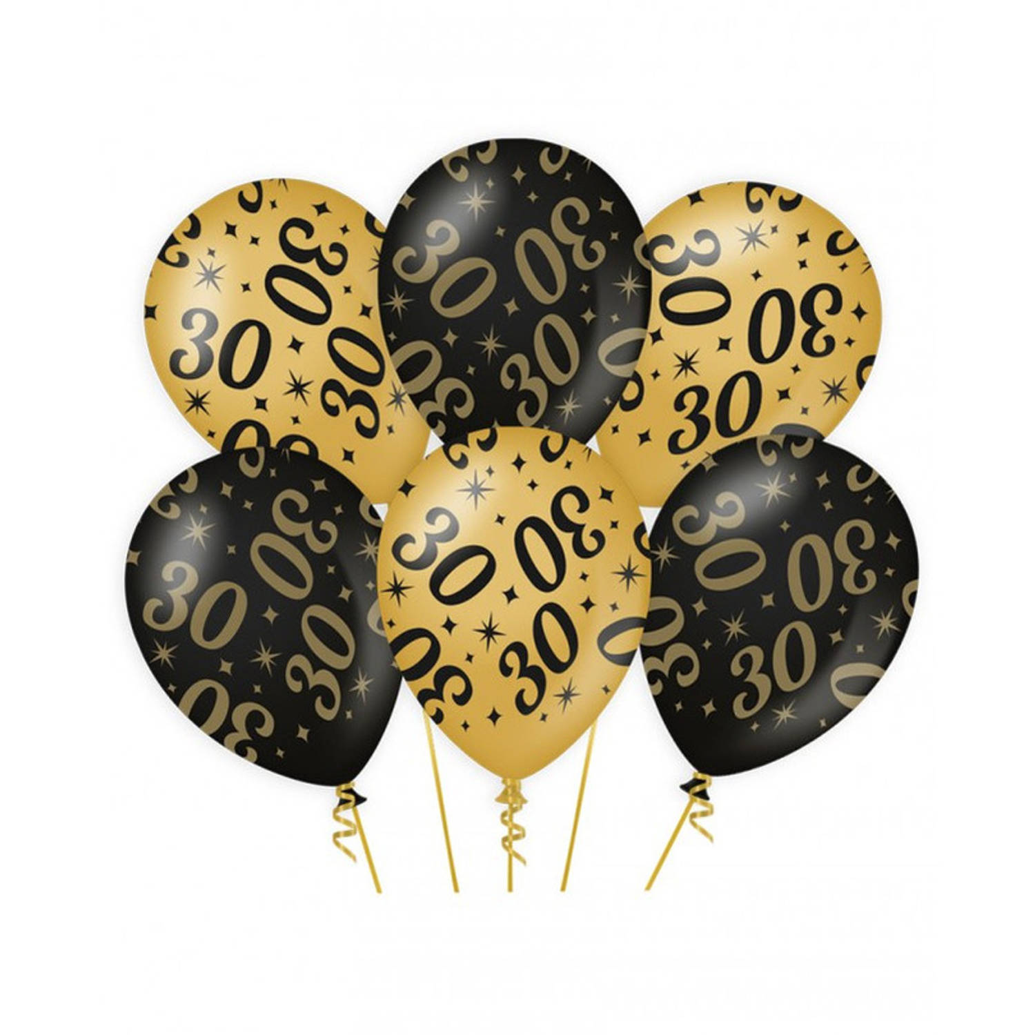 6x stuks leeftijd verjaardag feest ballonnen 30 jaar geworden zwart/goud 30 cm - Ballonnen