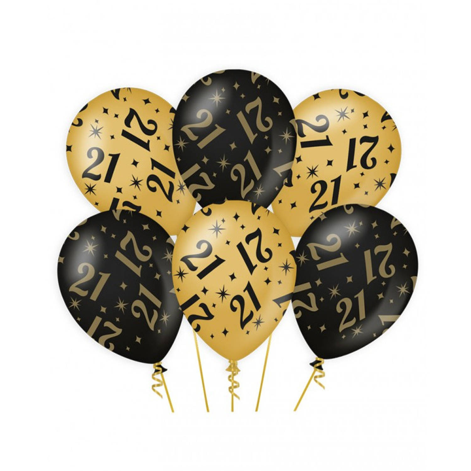 6x stuks leeftijd verjaardag feest ballonnen 21 jaar geworden zwart/goud 30 cm - Ballonnen