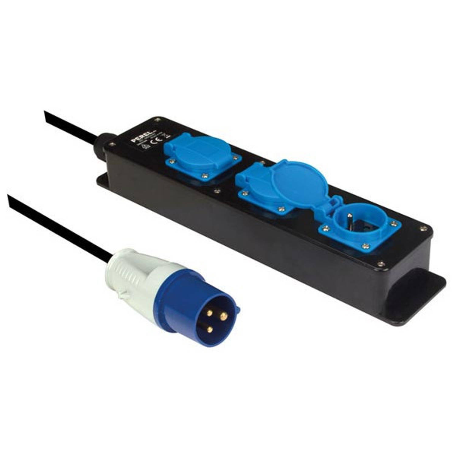Perel stekkerdoos CEE-stekker IP44 rubber 3 meter zwart/blauw