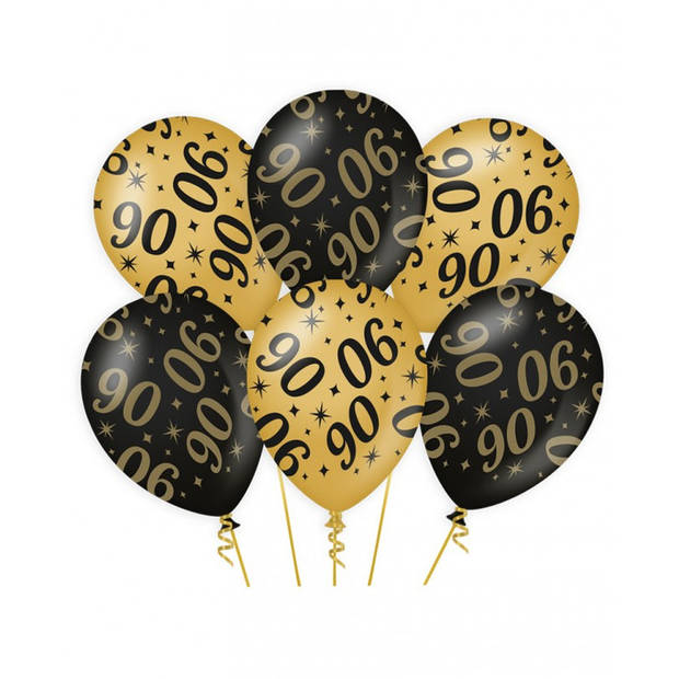 6x stuks leeftijd verjaardag feest ballonnen 90 jaar geworden zwart/goud 30 cm - Ballonnen