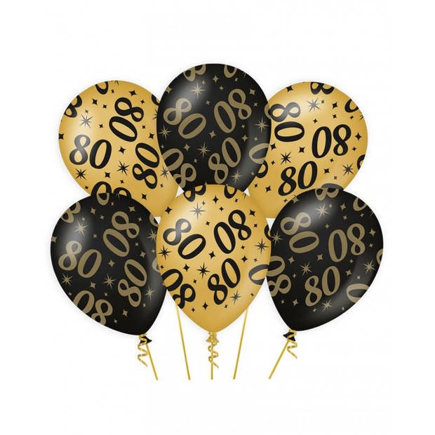 6x stuks leeftijd verjaardag feest ballonnen 80 jaar geworden zwart/goud 30 cm - Ballonnen