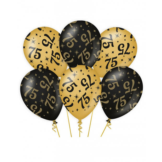 6x stuks leeftijd verjaardag feest ballonnen 75 jaar geworden zwart/goud 30 cm - Ballonnen