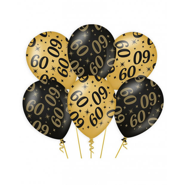 6x stuks leeftijd verjaardag feest ballonnen 60 jaar geworden zwart/goud 30 cm - Ballonnen