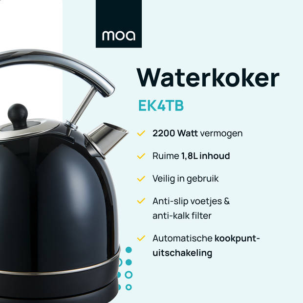 MOA Retro Waterkoker - Zwart - Elektrisch - RVS - EK4TB