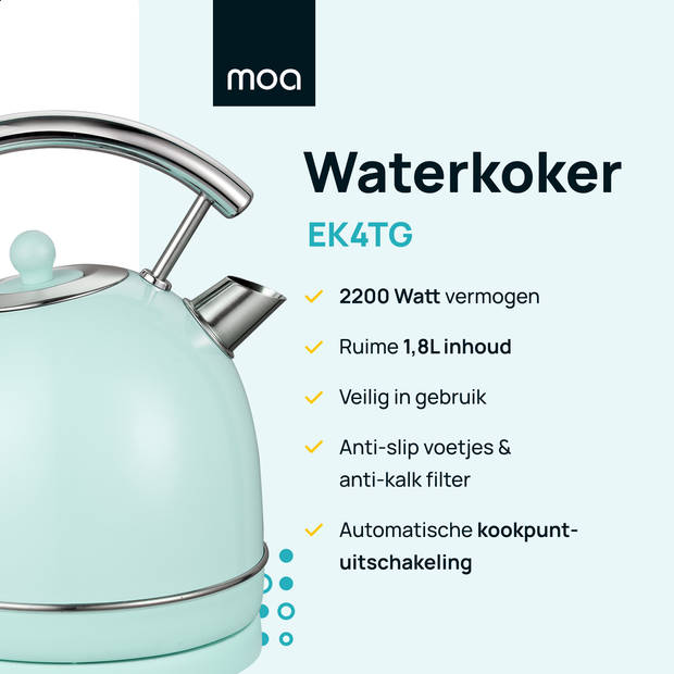 MOA Retro Waterkoker - Pastel Groen - Mint Groen - Elektrisch - RVS - EK4TG