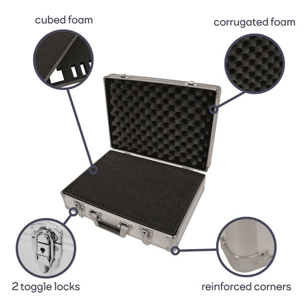 Perel Gereedschapskoffer, noppenschuim, plukschuim, sleutelslot, 2 sleutels, aluminium, grijs, 455 x 330 x 152 mm