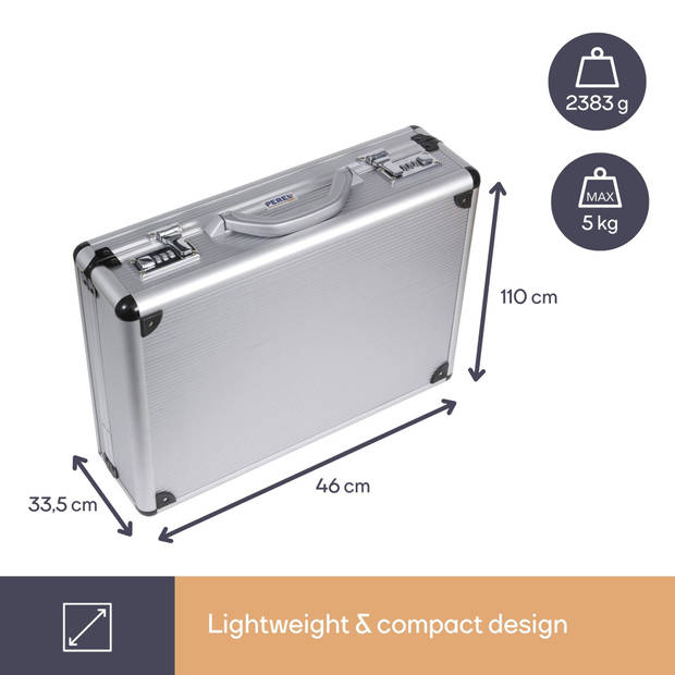 Perel Aktenkoffer, 2 cijfersloten, schouderriem, aluminium, grijs, 425 x 305 x 125 mm