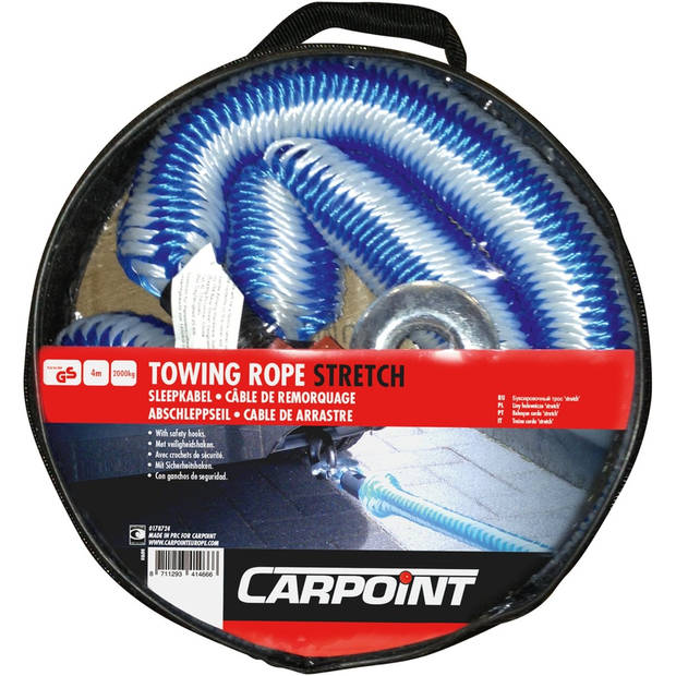Carpoint Sleepkabel TUV stretch 2 ton 4 meter blauw/wit in zipperbag